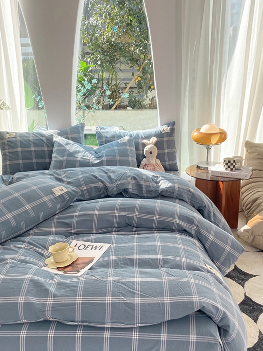 91家纺网 家纺一手货源 找家纺 云家2023新款全棉纯棉水洗棉色织被套单件被罩 海蓝大格