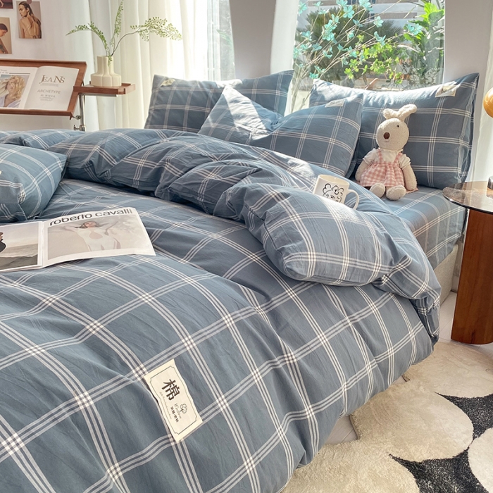 91家纺网 家纺一手货源 找家纺 云家2023新款全棉纯棉水洗棉色织被套单件被罩 海蓝大格