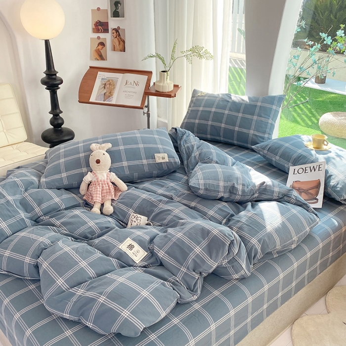 91家纺网 家纺一手货源 找家纺 云家2023新款全棉纯棉水洗棉色织被套单件被罩 海蓝大格