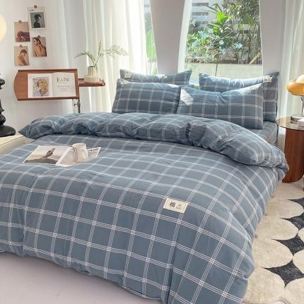 云家2023新款全棉纯棉水洗棉色织被套单件被罩 海蓝大格