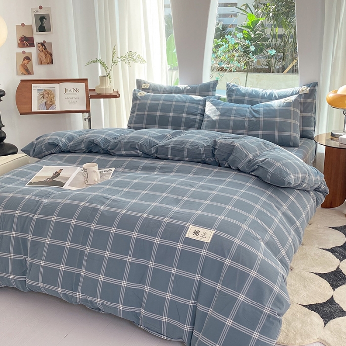 91家纺网 家纺一手货源 找家纺 云家2023新款全棉纯棉水洗棉色织被套单件被罩 海蓝大格