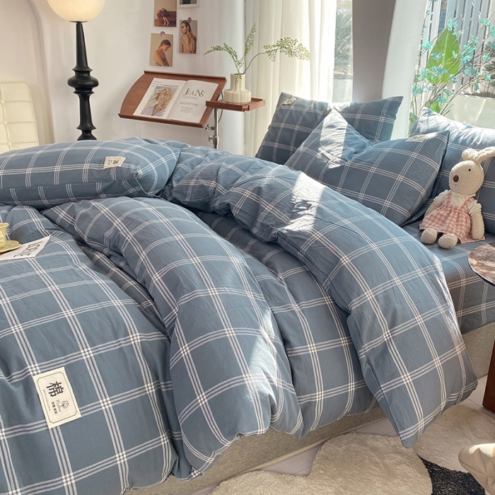 91家纺网 家纺一手货源 找家纺 云家2023新款全棉纯棉水洗棉色织被套单件被罩 海蓝大格