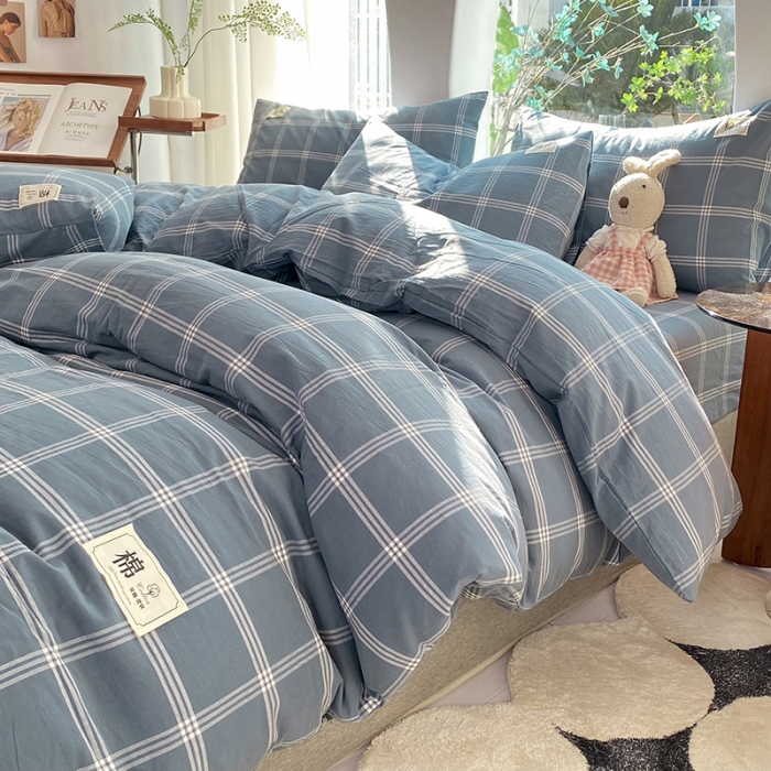 91家纺网 家纺一手货源 找家纺 云家2023新款全棉纯棉水洗棉色织被套单件被罩 海蓝大格