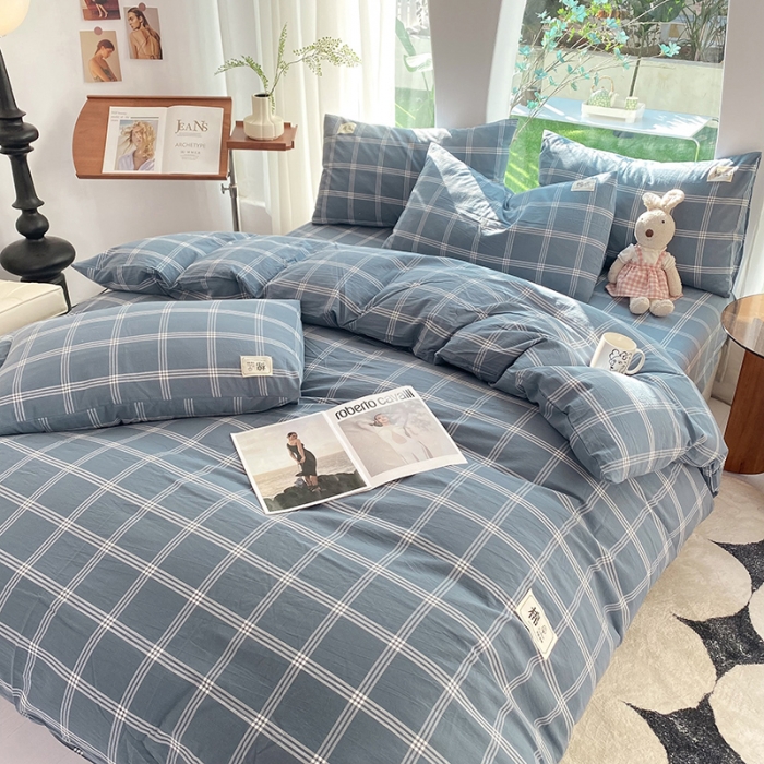 91家纺网 家纺一手货源 找家纺 云家2023新款全棉纯棉水洗棉色织被套单件被罩 海蓝大格