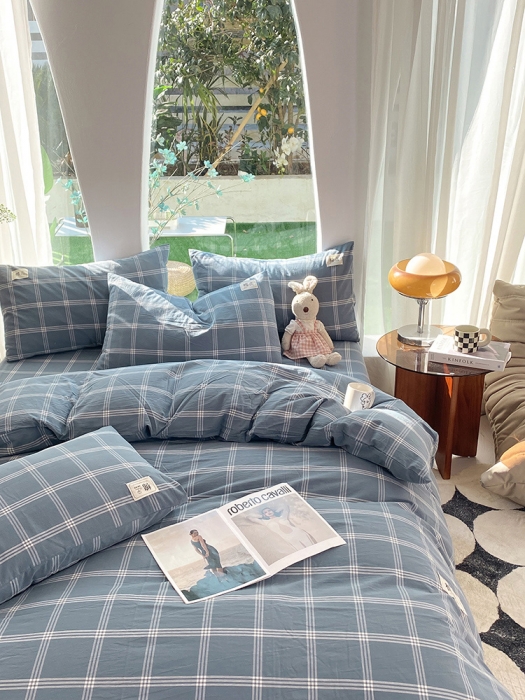 91家纺网 家纺一手货源 找家纺 云家2023新款全棉纯棉水洗棉色织被套单件被罩 海蓝大格