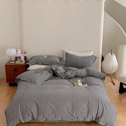 91家纺网 家纺一手货源 找家纺 华超针织 2023新款密拷边水洗棉四件套 灰色条纹