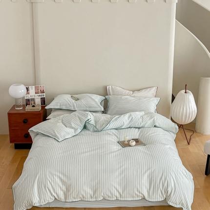 91家纺网 家纺一手货源 找家纺 华超针织 2023新款密拷边水洗棉四件套 绿色条纹