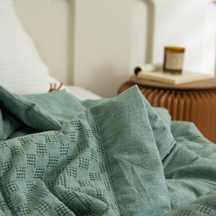 91家纺网 家纺一手货源 找家纺 安莱 2023全棉色织提花海石能量纤维夏被 提花棋盘绿