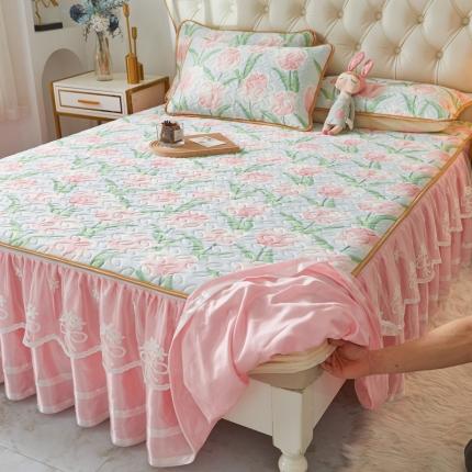 91家纺网 家纺一手货源 找家纺 恋尚 2024新款欧式可脱卸带床笠式床裙0.5乳胶三件套 粉色郁金香