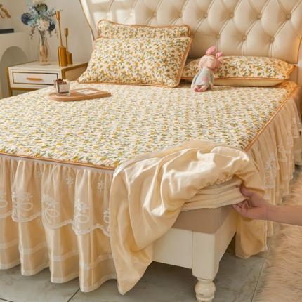 91家纺网 家纺一手货源 找家纺 恋尚 2024新款欧式可脱卸带床笠式床裙0.5乳胶三件套 青柠