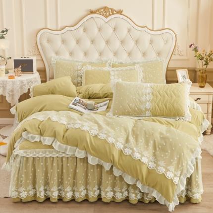 91家纺网 家纺一手货源 找家纺 恋尚 2023新款蜜桃棉夹棉床裙款四件套 花婷-橄榄黄