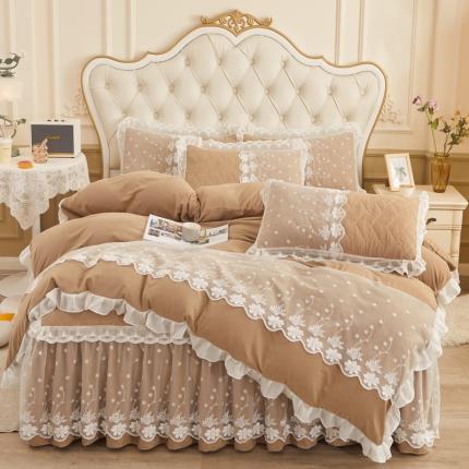 91家纺网 家纺一手货源 找家纺 恋尚 2023新款蜜桃棉夹棉床裙款四件套 花婷-卡其