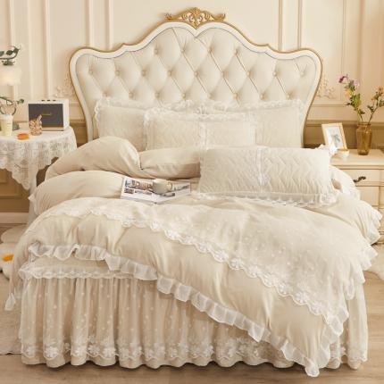 91家纺网 家纺一手货源 找家纺 恋尚 2023新款蜜桃棉夹棉床裙款四件套 花婷-米色