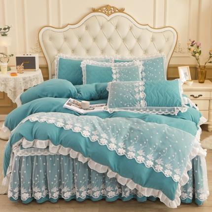 91家纺网 家纺一手货源 找家纺 恋尚 2023新款蜜桃棉夹棉床裙款四件套 花婷-水绿