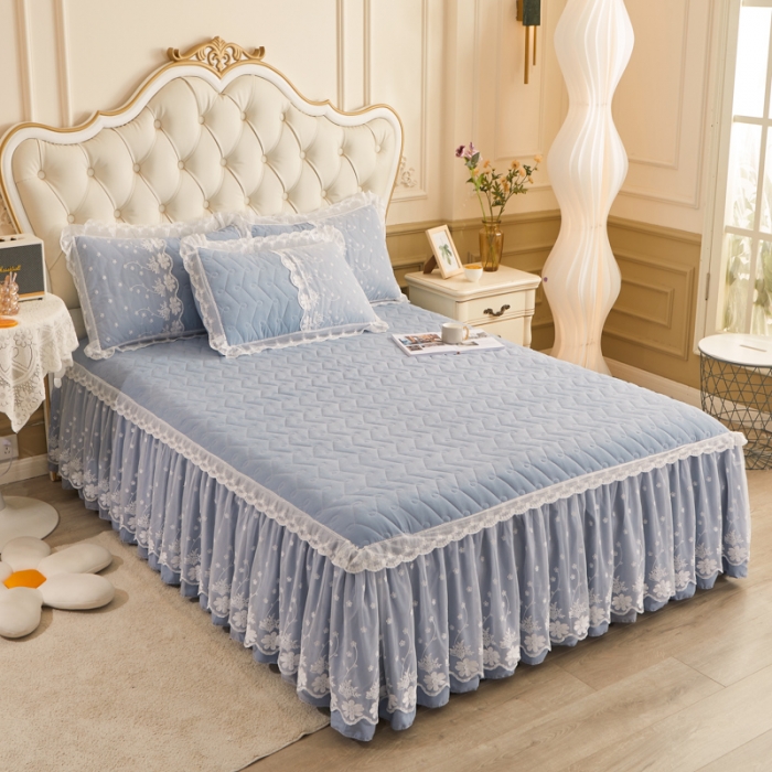 91家纺网 家纺一手货源 找家纺 恋尚 2023新款蜜桃棉夹棉床裙款四件套 花婷-  兰灰