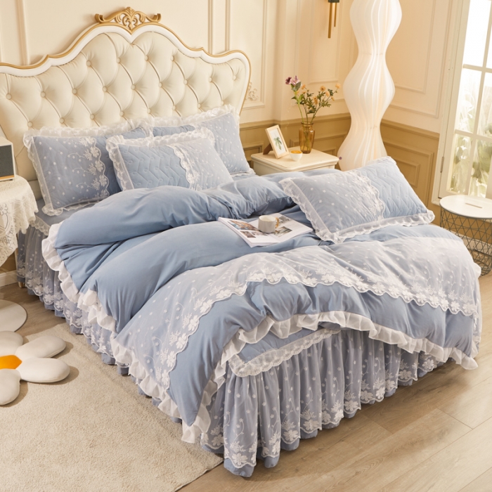 91家纺网 家纺一手货源 找家纺 恋尚 2023新款蜜桃棉夹棉床裙款四件套 花婷-  兰灰