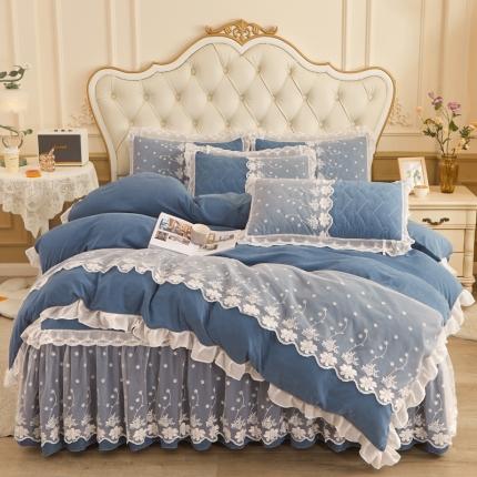 恋尚 2023新款蜜桃棉夹棉床裙款四件套 花婷- 牛仔蓝