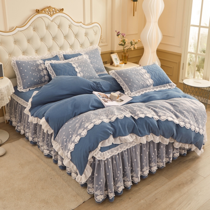 91家纺网 家纺一手货源 找家纺 恋尚 2023新款蜜桃棉夹棉床裙款四件套 花婷- 牛仔蓝