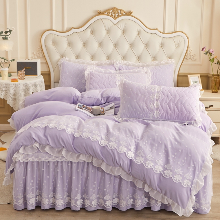 91家纺网 家纺一手货源 找家纺 恋尚 2023新款蜜桃棉夹棉床裙款四件套 花婷- 浅紫