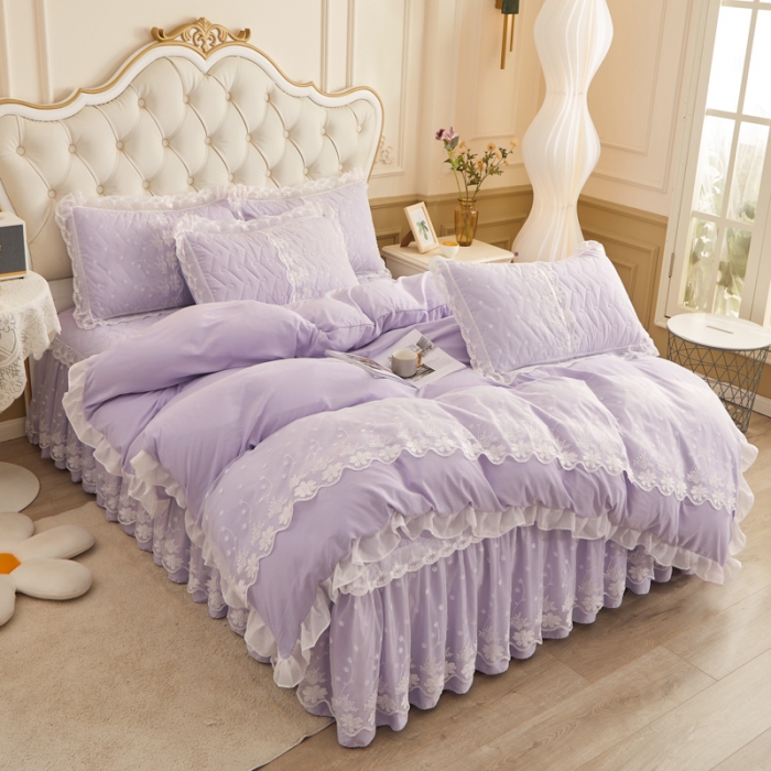 91家纺网 家纺一手货源 找家纺 恋尚 2023新款蜜桃棉夹棉床裙款四件套 花婷- 浅紫