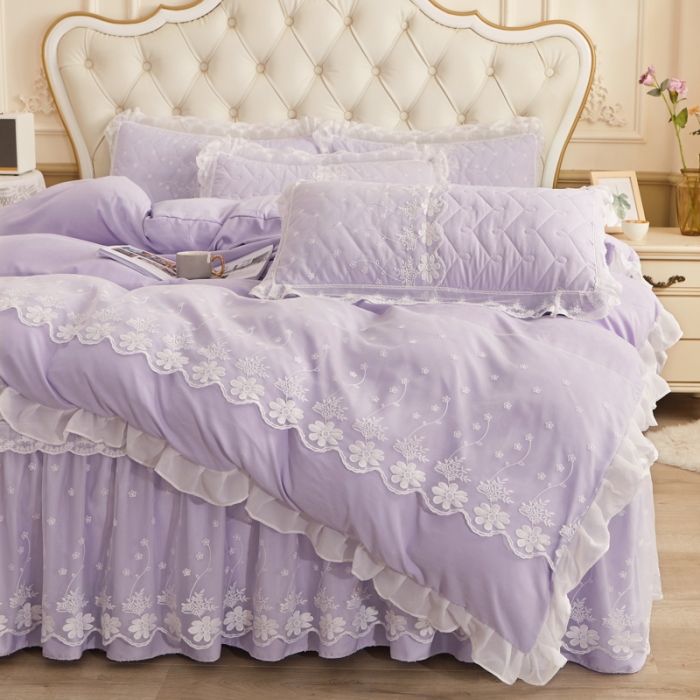 91家纺网 家纺一手货源 找家纺 恋尚 2023新款蜜桃棉夹棉床裙款四件套 花婷- 浅紫