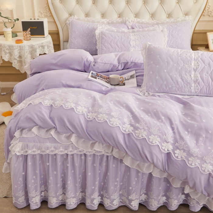 91家纺网 家纺一手货源 找家纺 恋尚 2023新款蜜桃棉夹棉床裙款四件套 花婷- 浅紫