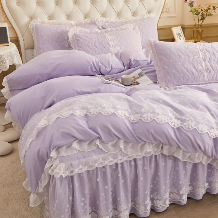 91家纺网 家纺一手货源 找家纺 恋尚 2023新款蜜桃棉夹棉床裙款四件套 花婷- 浅紫