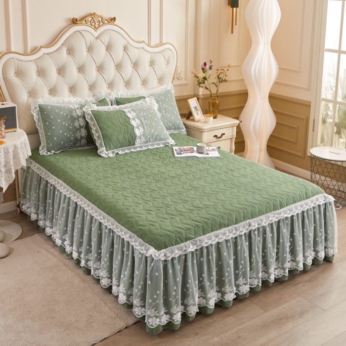 91家纺网 家纺一手货源 找家纺 恋尚 2023新款蜜桃棉夹棉床裙款四件套 花婷-艾绿