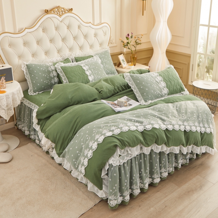 91家纺网 家纺一手货源 找家纺 恋尚 2023新款蜜桃棉夹棉床裙款四件套 花婷-艾绿