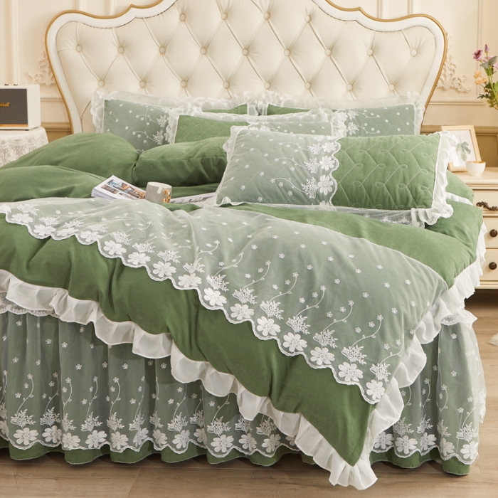 91家纺网 家纺一手货源 找家纺 恋尚 2023新款蜜桃棉夹棉床裙款四件套 花婷-艾绿