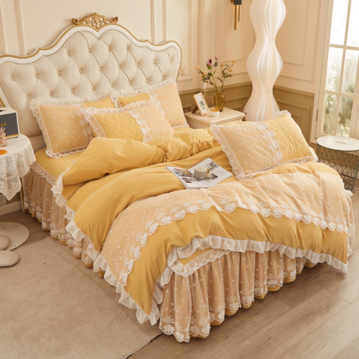 91家纺网 家纺一手货源 找家纺 恋尚 2023新款蜜桃棉夹棉床裙款四件套 花婷-鹅黄