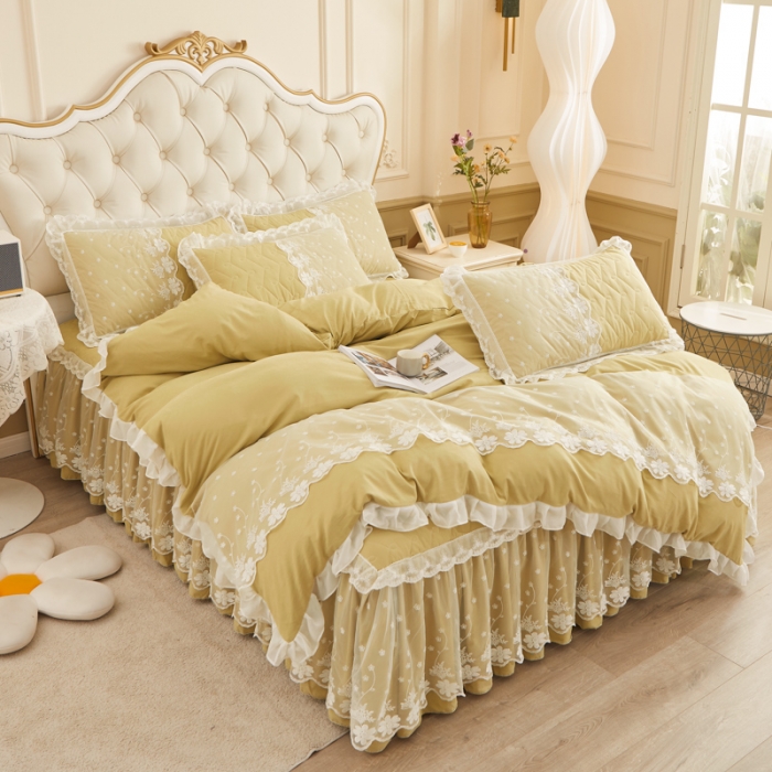 91家纺网 家纺一手货源 找家纺 恋尚 2023新款蜜桃棉夹棉床裙款四件套 花婷-橄榄黄