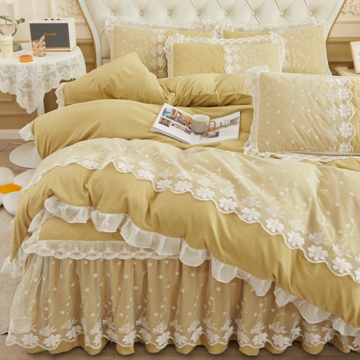 91家纺网 家纺一手货源 找家纺 恋尚 2023新款蜜桃棉夹棉床裙款四件套 花婷-橄榄黄