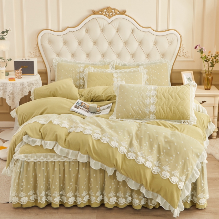 91家纺网 家纺一手货源 找家纺 恋尚 2023新款蜜桃棉夹棉床裙款四件套 花婷-橄榄黄