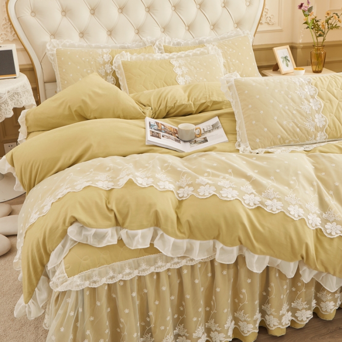 91家纺网 家纺一手货源 找家纺 恋尚 2023新款蜜桃棉夹棉床裙款四件套 花婷-橄榄黄