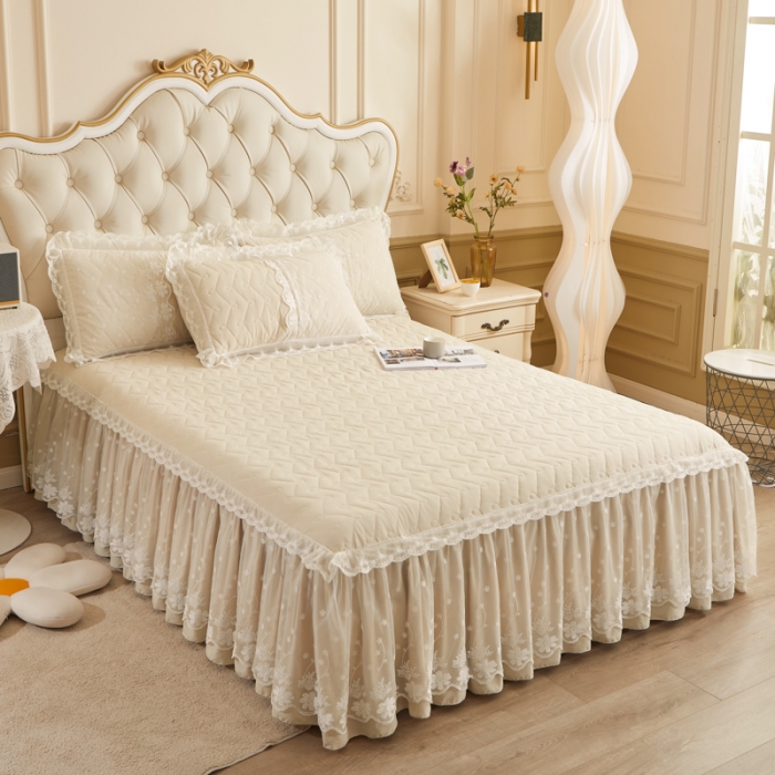 91家纺网 家纺一手货源 找家纺 恋尚 2023新款蜜桃棉夹棉床裙款四件套 花婷-米色