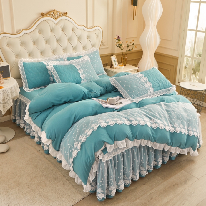 91家纺网 家纺一手货源 找家纺 恋尚 2023新款蜜桃棉夹棉床裙款四件套 花婷-水绿