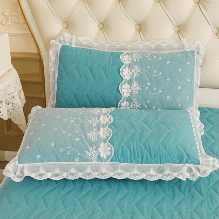 91家纺网 家纺一手货源 找家纺 恋尚 2023新款蜜桃棉夹棉床裙款四件套 花婷-水绿