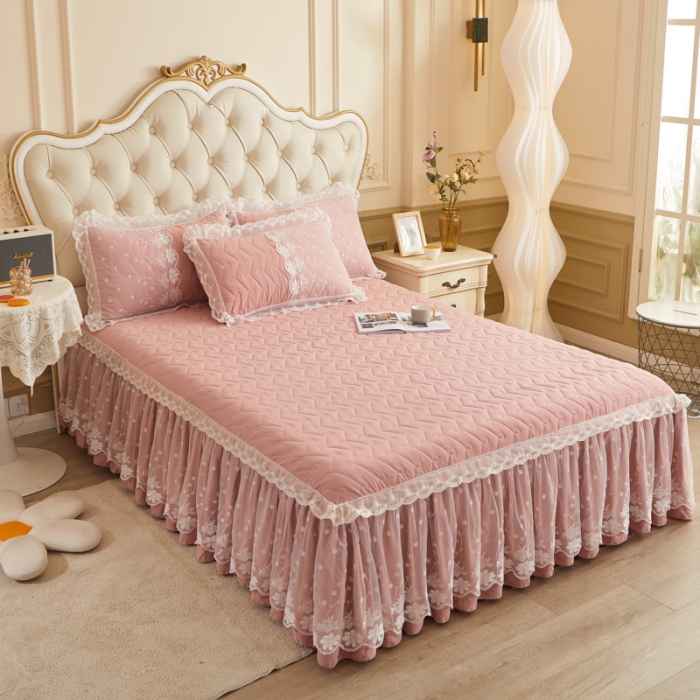 91家纺网 家纺一手货源 找家纺 恋尚 2023新款蜜桃棉夹棉床裙款四件套 花婷-玉色