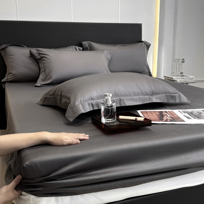 91家纺网 家纺一手货源 找家纺 秀色50支贡缎床笠单件全棉纯棉床罩三件套防滑床单床垫套罩床套梦易-帝王灰