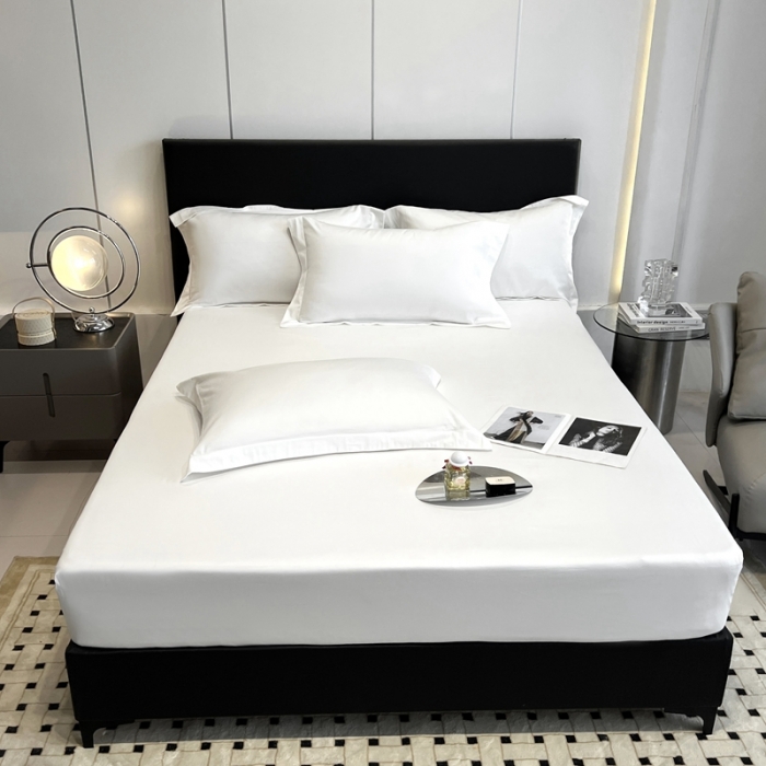 91家纺网 家纺一手货源 找家纺 秀色50支贡缎床笠单件全棉纯棉床罩三件套防滑床单床垫套罩床套梦易-皓月白