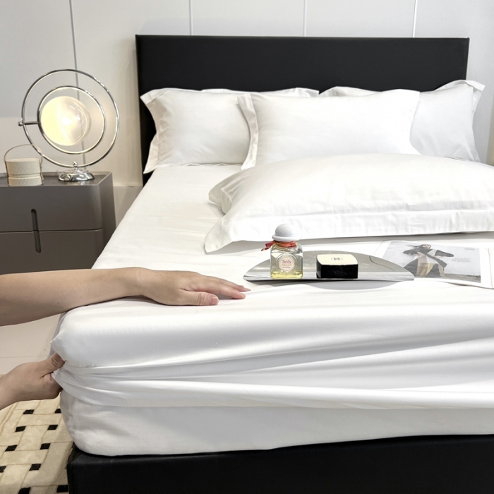 91家纺网 家纺一手货源 找家纺 秀色50支贡缎床笠单件全棉纯棉床罩三件套防滑床单床垫套罩床套梦易-皓月白