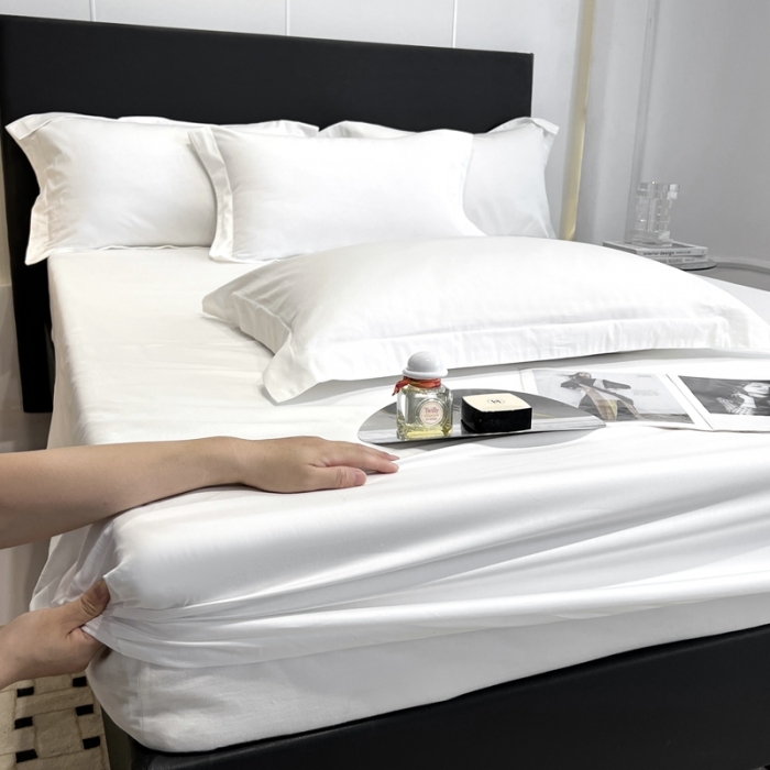 91家纺网 家纺一手货源 找家纺 秀色50支贡缎床笠单件全棉纯棉床罩三件套防滑床单床垫套罩床套梦易-皓月白