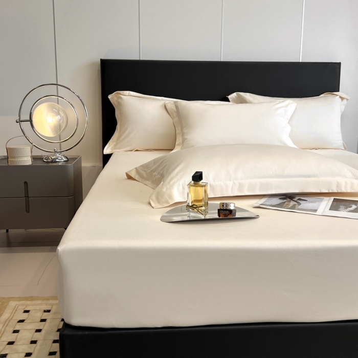 91家纺网 家纺一手货源 找家纺 秀色50支贡缎床笠单件全棉纯棉床罩三件套防滑床单床垫套罩床套梦易-奶昔白