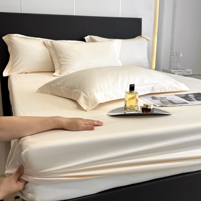 91家纺网 家纺一手货源 找家纺 秀色50支贡缎床笠单件全棉纯棉床罩三件套防滑床单床垫套罩床套梦易-奶昔白