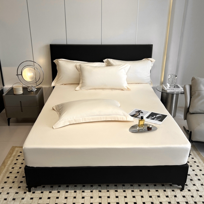 91家纺网 家纺一手货源 找家纺 秀色50支贡缎床笠单件全棉纯棉床罩三件套防滑床单床垫套罩床套梦易-奶昔白