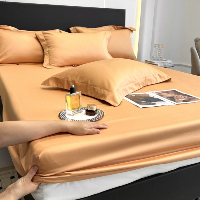 91家纺网 家纺一手货源 找家纺 秀色50支贡缎床笠单件全棉纯棉床罩三件套防滑床单床垫套罩床套梦易-南瓜橘