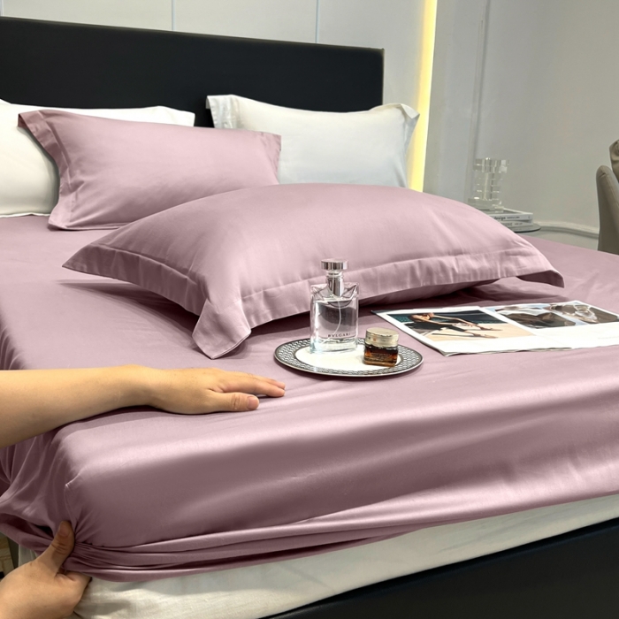 91家纺网 家纺一手货源 找家纺 秀色50支贡缎床笠单件全棉纯棉床罩三件套防滑床单床垫套罩床套梦易-香芋紫