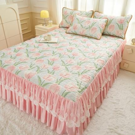 91家纺网 家纺一手货源 找家纺 恋尚 2023新款加厚夹棉床裙款0.5乳胶凉席三件套 粉色郁金香