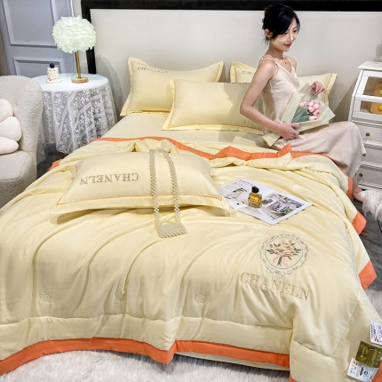 91家纺网 家纺一手货源 找家纺 2023苏米娜刺绣山茶花香夏被四件套天丝棉麻双层纱磨毛纯棉夏凉空调夏被 镜中花-橙